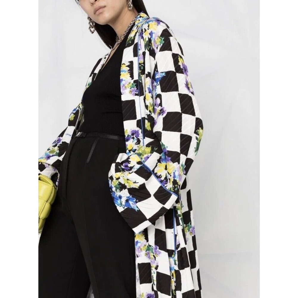 Off White Virgil Abloh NWT Silk Check Pajama Robe Wrap Dress Sz 42 Black White